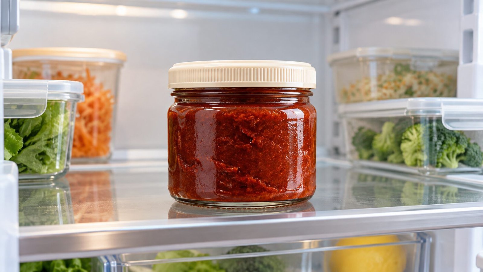 Gochujang chili paste in a tightly sealed glass jar on a refrigerator shelf.