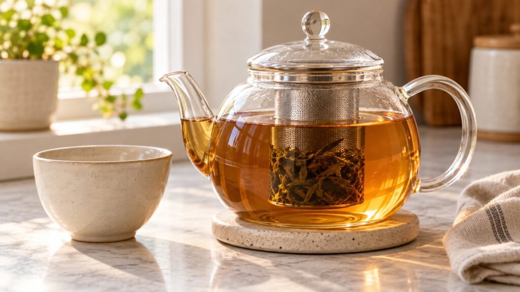Loose tea leaves steeping in an infuser inside a glass teapot, with a ceramic cup beside it.