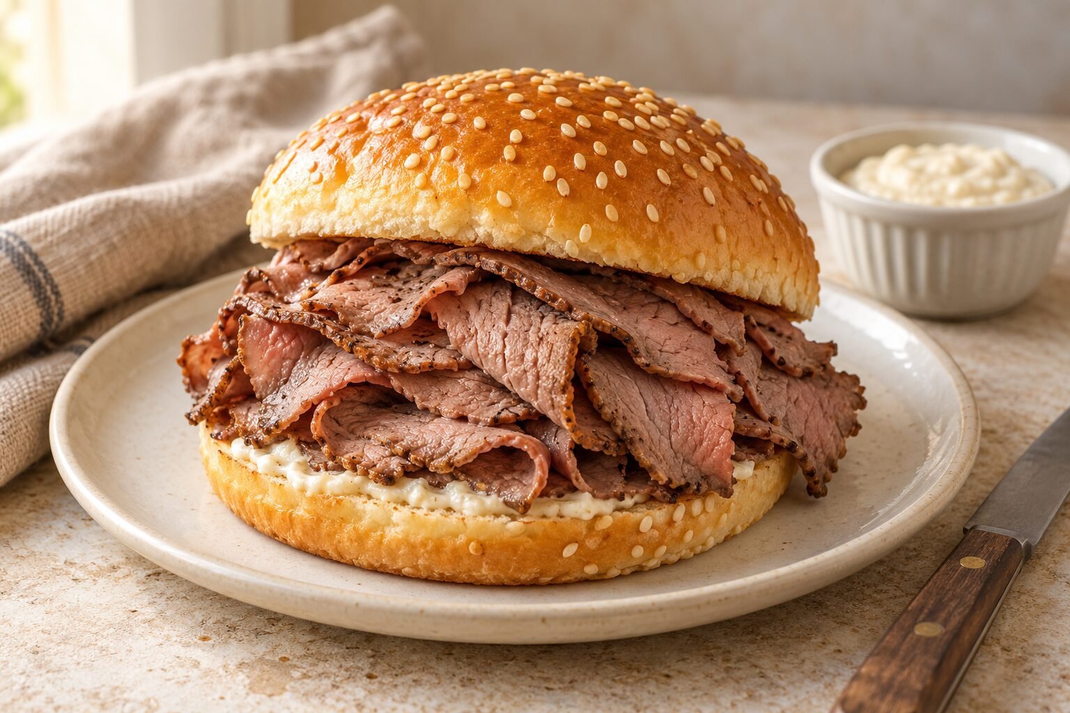 Homemade roast beef sandwich with thinly sliced beef and horseradish mayonnaise in a sesame seed bun.