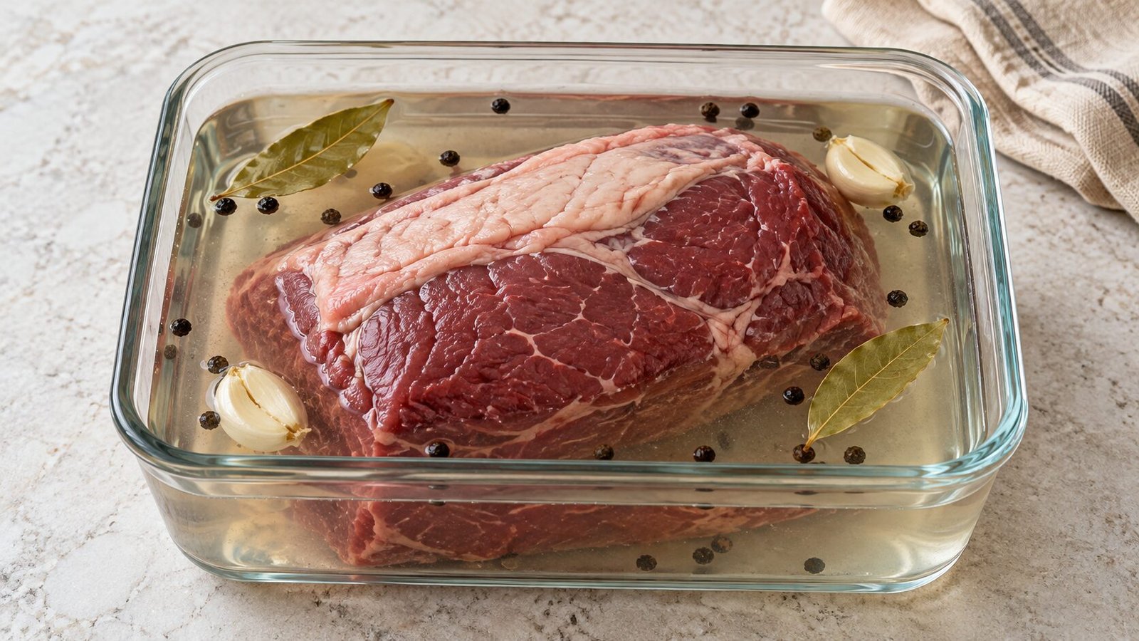 Beef roast in a glass container with saltwater brine, garlic, bay leaves and black peppercorns.