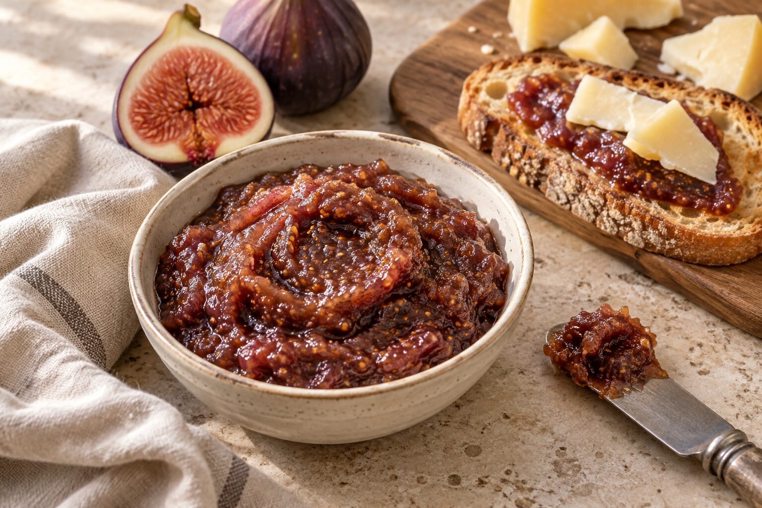Spreadable fresh fig paste in a ceramic bowl, served with toast, cheese and fresh figs.