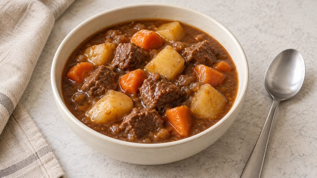 Bowl of beef stew with potatoes and carrots in brown gravy.