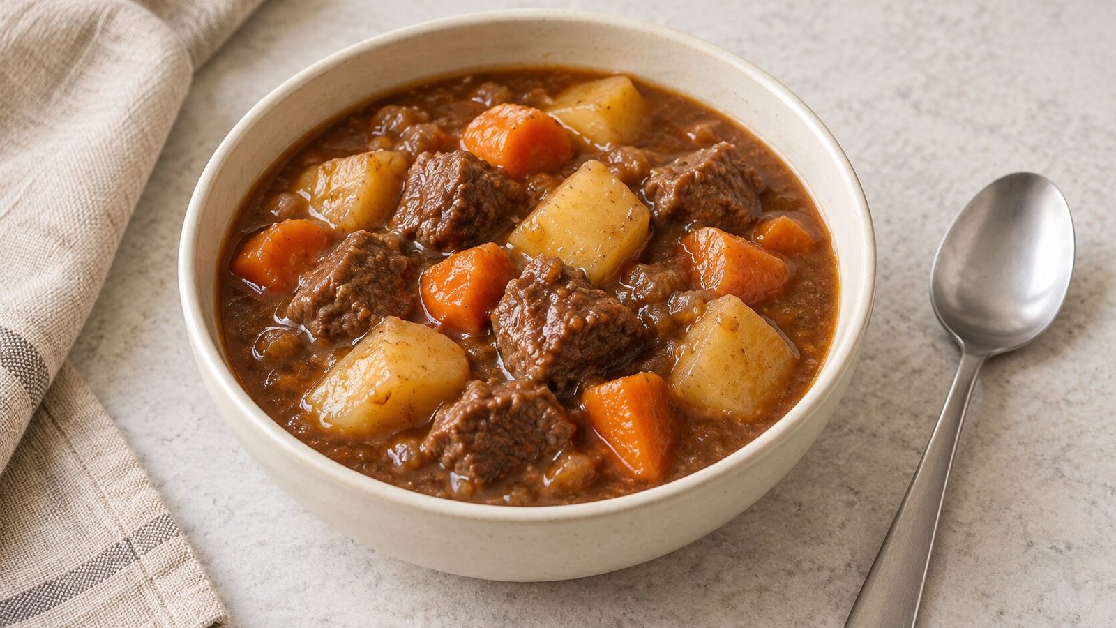 Bowl of beef stew with potatoes and carrots in brown gravy.