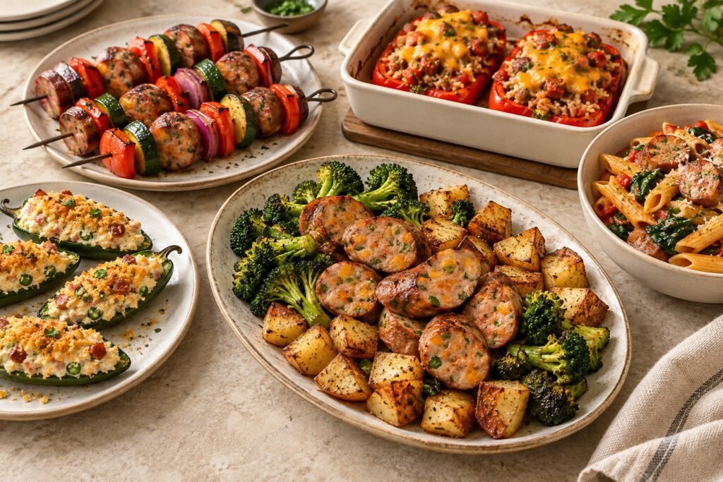 Five jalapeno cheddar sausage dishes with stuffed peppers, vegetable skewers, roasted potatoes, jalapeño poppers and tomato pasta.