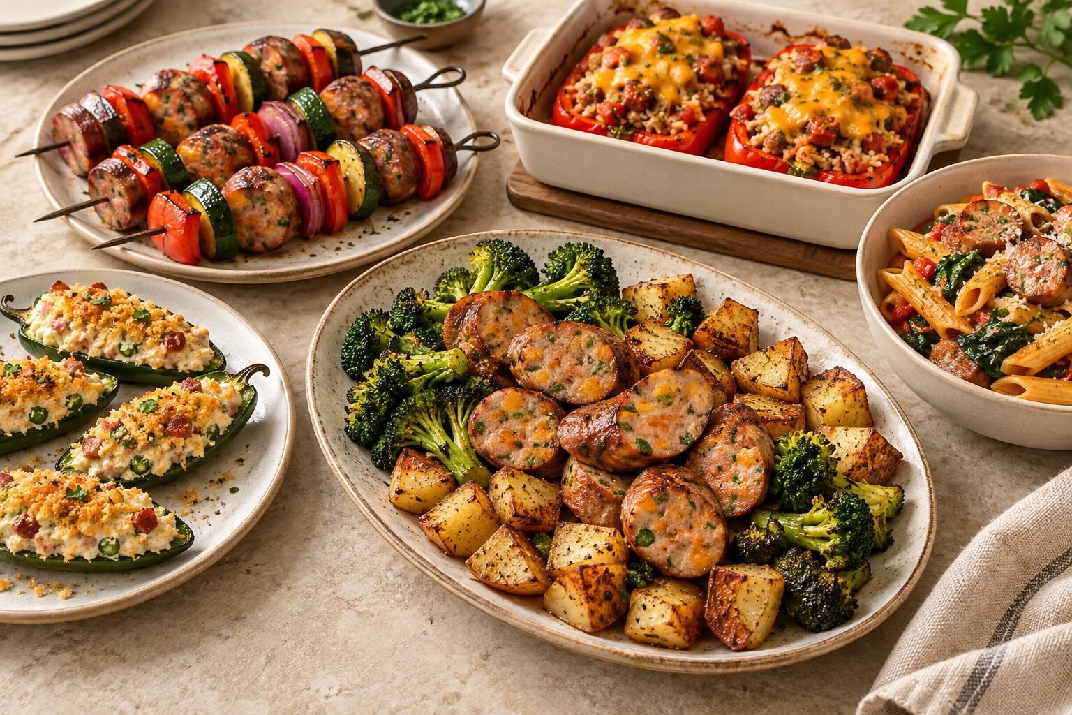 Five jalapeno cheddar sausage dishes with stuffed peppers, vegetable skewers, roasted potatoes, jalapeño poppers and tomato pasta.