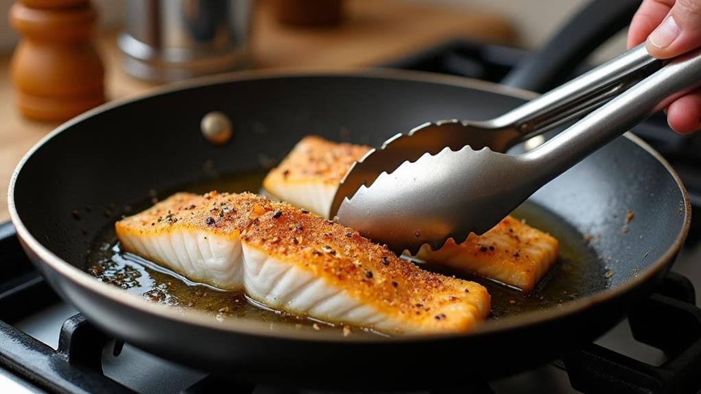 flipping seasoned fish fillets