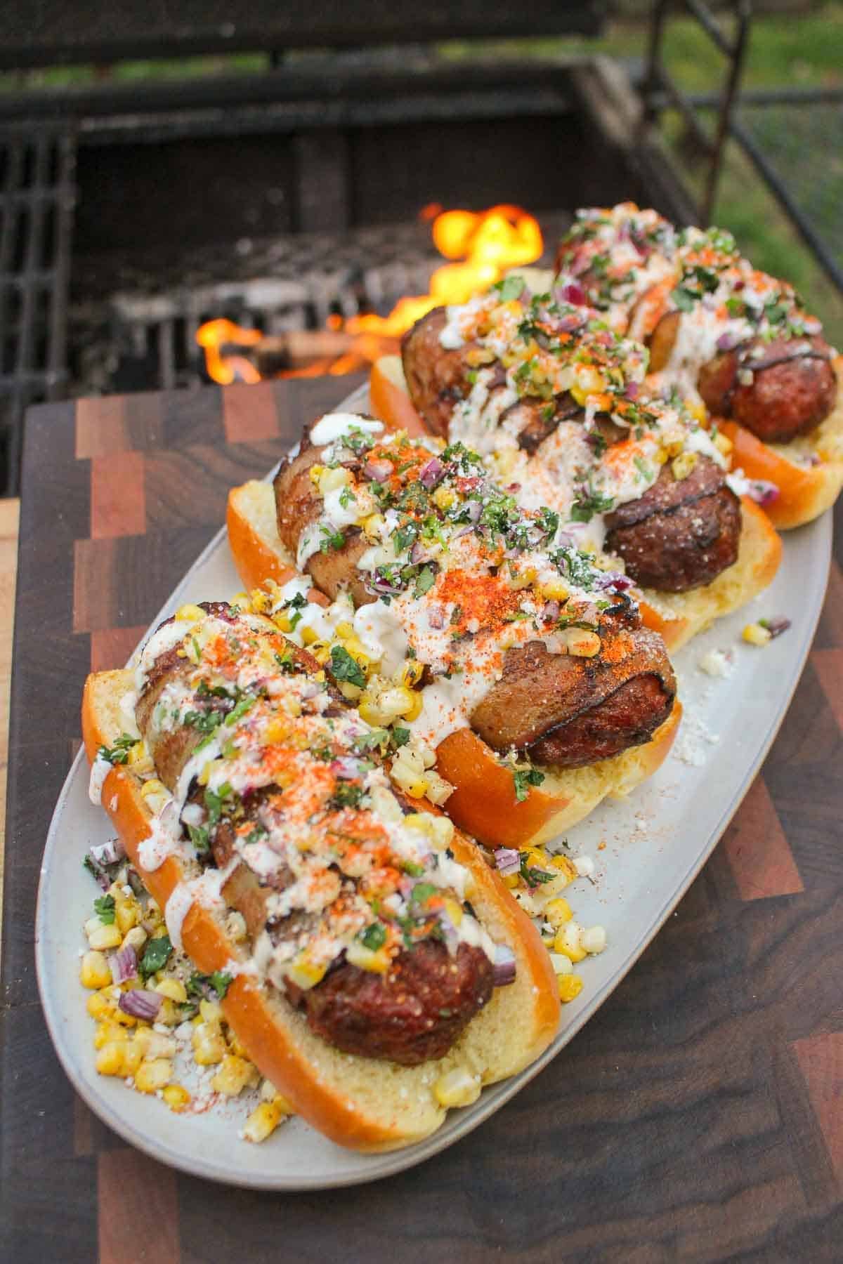 Elote Chorizo Dogs plated and served.