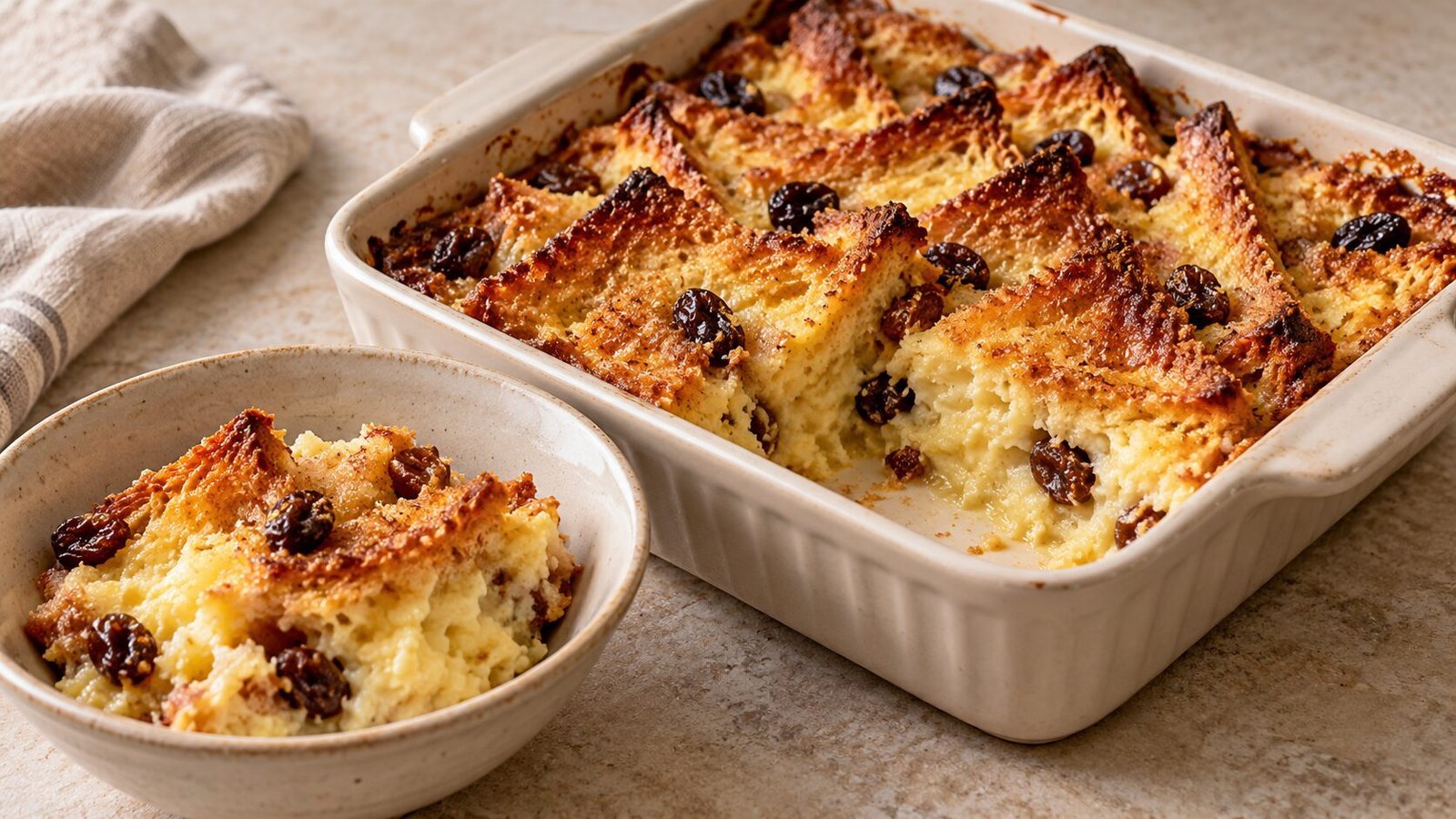 Bread and butter pudding without cream, with golden bread edges and raisins, served warm in a ceramic bowl.