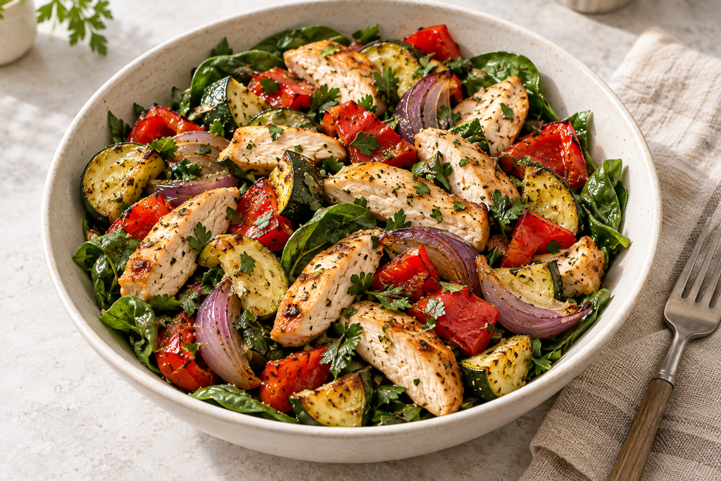 Lemon chicken salad with roasted zucchini, red pepper, red onion and baby spinach.
