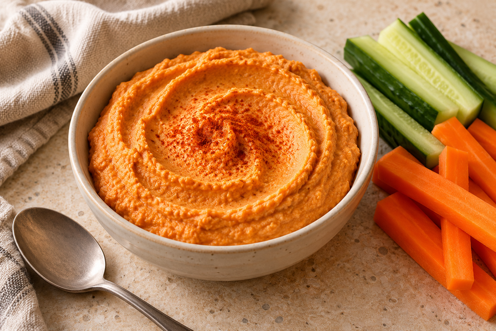 Roasted red pepper hummus without garlic, topped with paprika and served with cucumber and carrot sticks.