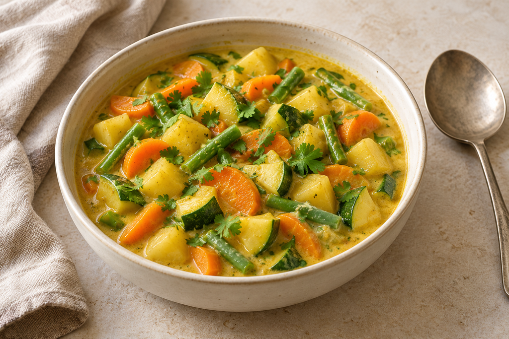 Ginger and coconut vegetable curry without onion or garlic, with potatoes, carrots, green beans and courgette.