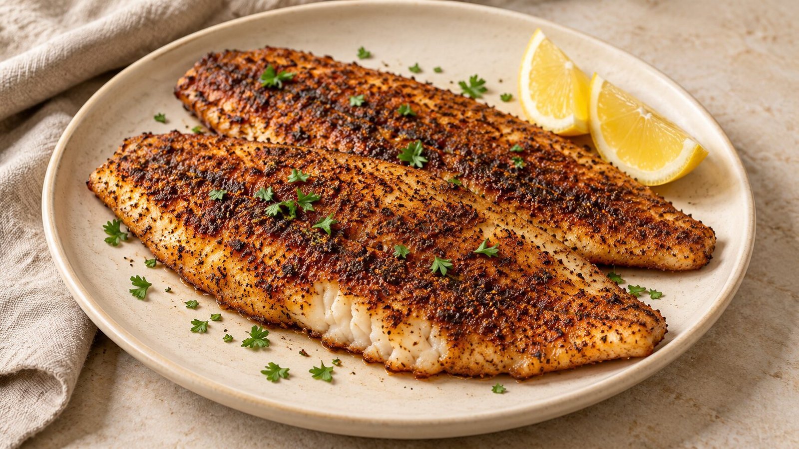 Blackened swai fillets with a paprika and herb crust, served with lemon wedges and parsley.