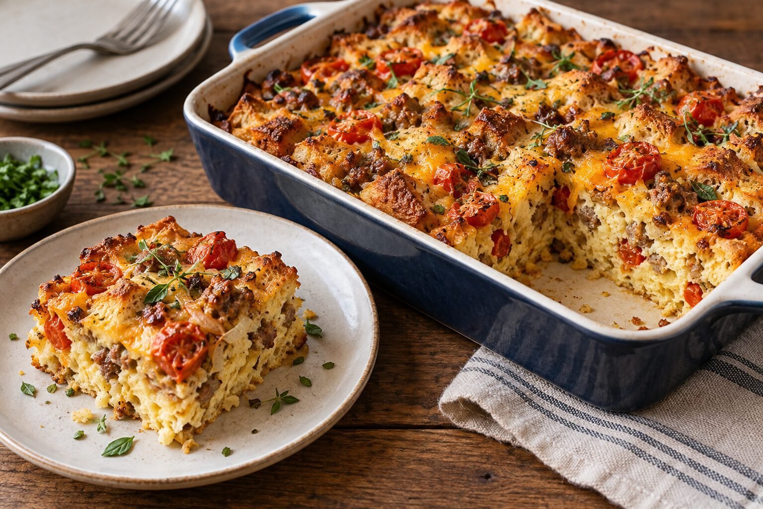 Tomato, Sausage and Cheddar Bread Pudding – 8 Eggs