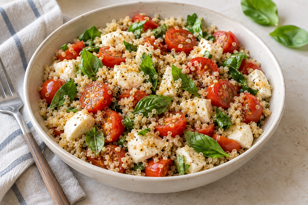 Quinoa salad with cherry tomatoes, fresh mozzarella and basil in a ceramic bowl.