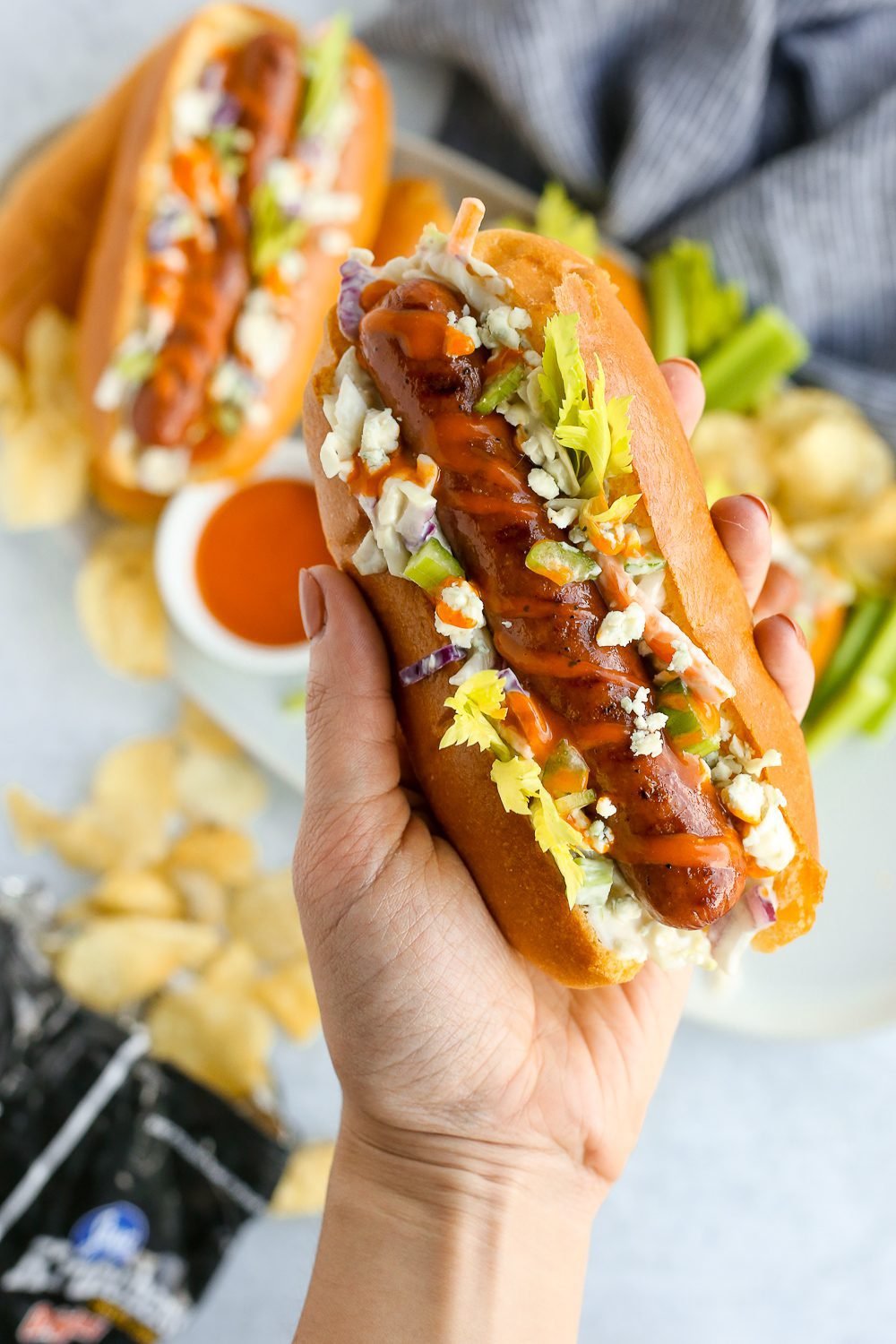 Spicy Buffalo Hot Dogs with Blue Cheese Slaw, Plus Hot Dog Bar Ideas