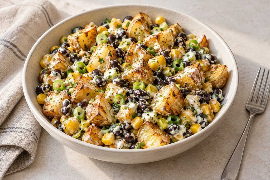 Roasted potato salad with black beans, sweetcorn, spring onions and creamy lime yogurt dressing.
