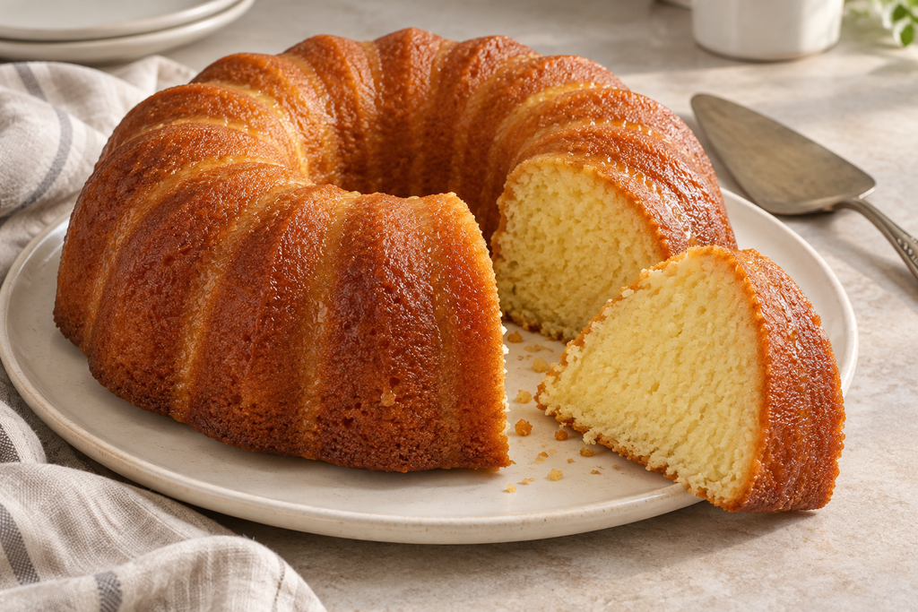 Golden Kentucky butter cake with a light butter glaze and a cut slice showing its vanilla crumb.