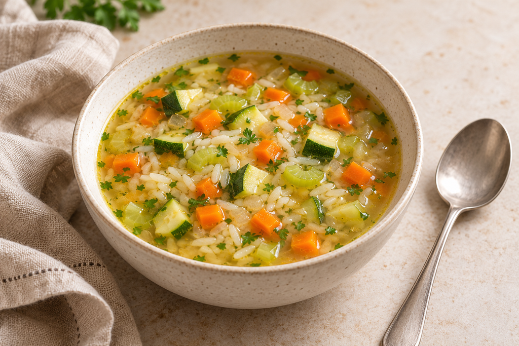 Vegetable and rice soup with carrots, celery, courgette and parsley in a light golden broth.