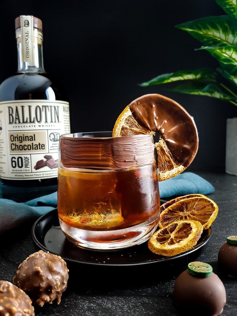 Chocolate Old Fashioned with chocolate rim and chocolate dipped orange garnish