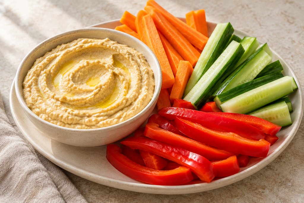 Creamy lemon hummus with carrot sticks, cucumber sticks and red bell pepper strips.