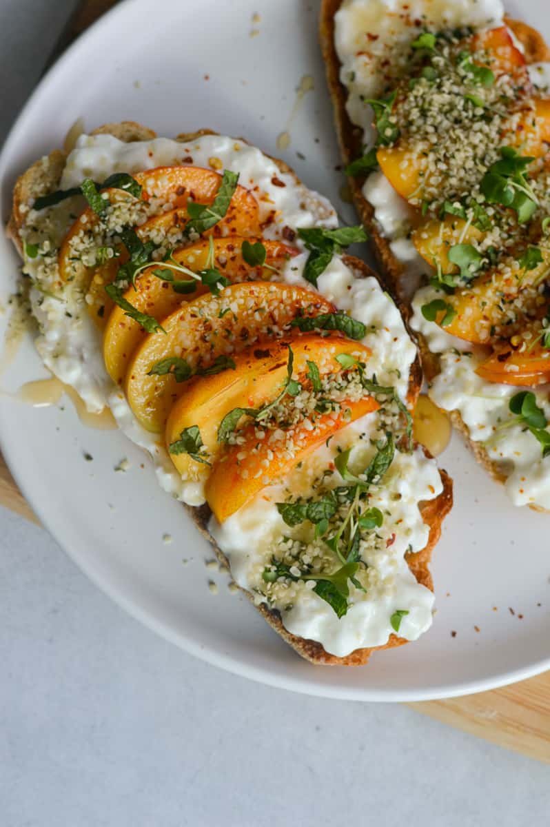 close up of cottage cheese peach toast