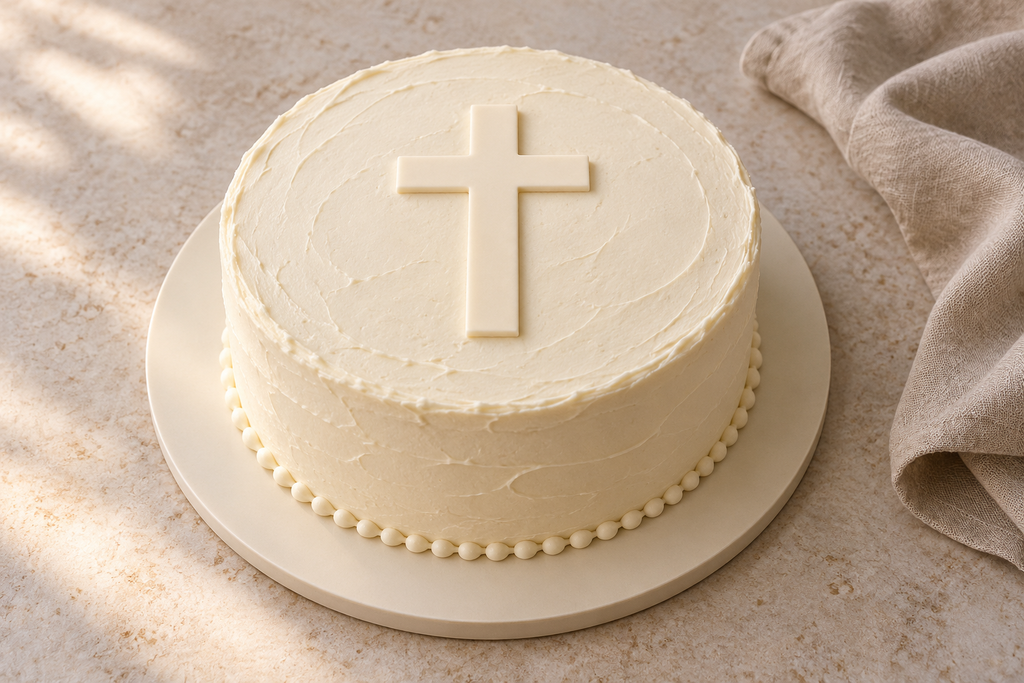 White buttercream First Communion cake with a flat fondant cross and a simple piped border.