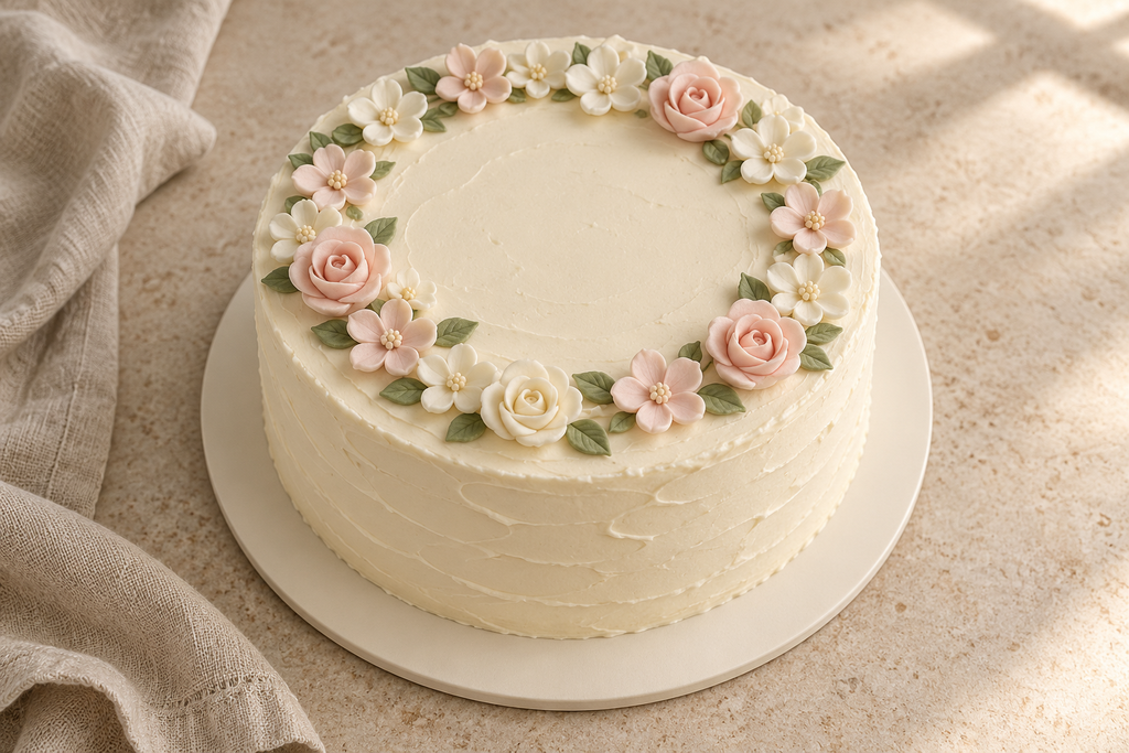 White buttercream First Communion cake with a wreath of ivory and blush pink sugar flowers and green sugar leaves.