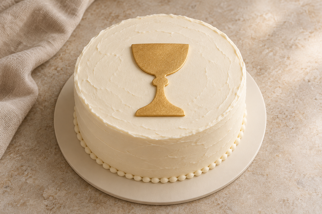 White First Communion cake personalized with a name and date in blue buttercream lettering, with a matching piped border.