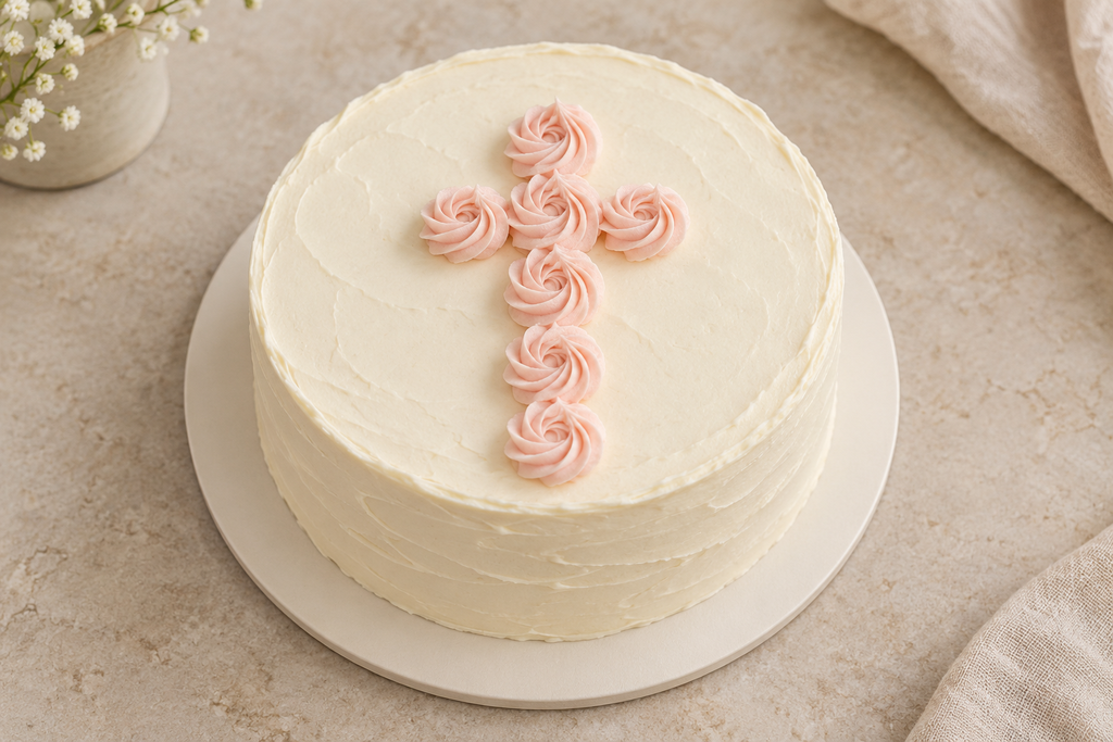 White First Communion cake decorated with seven pale pink buttercream rosettes arranged in a cross.