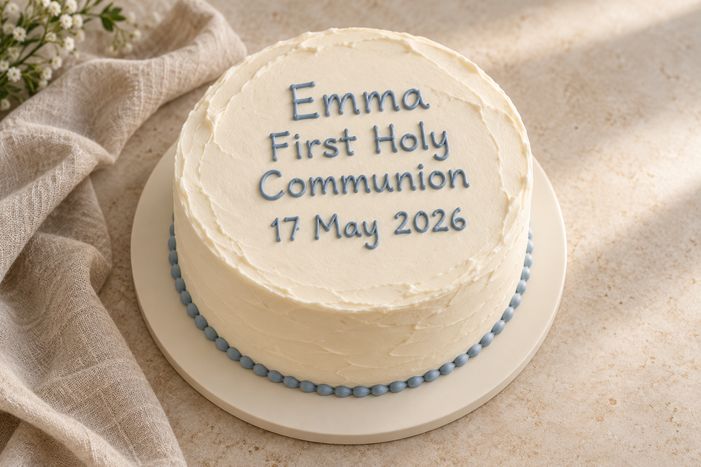 White First Communion cake personalized with a name and date in blue buttercream lettering, with a matching piped border.