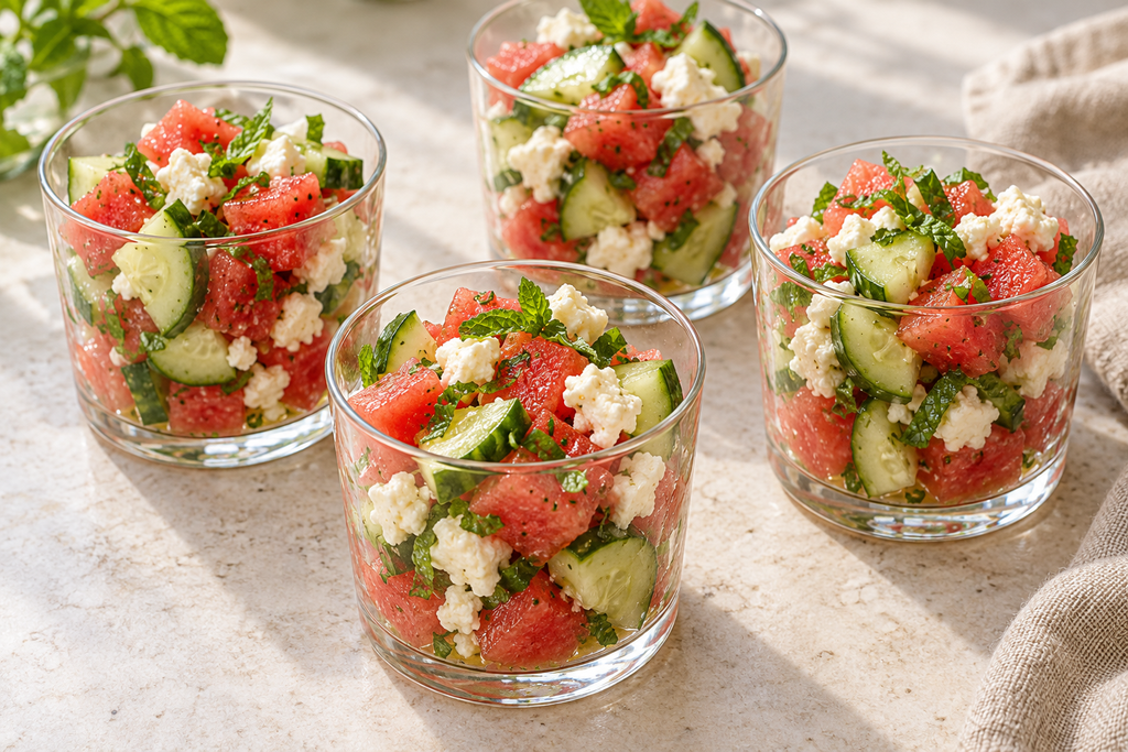 Watermelon, cucumber and feta snack cups with fresh mint in small clear glasses.