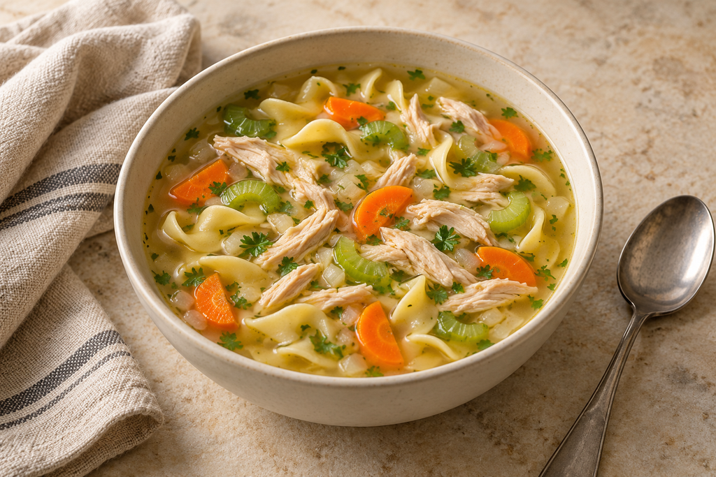 Chicken noodle soup with shredded chicken, carrots, celery and parsley in a light golden broth.