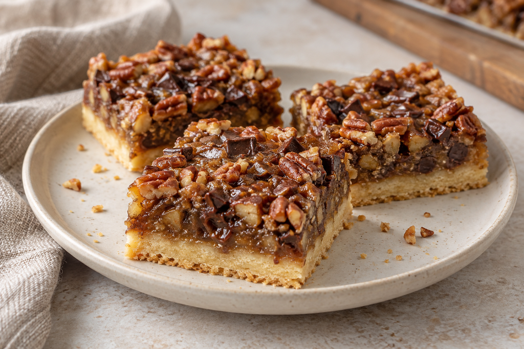Chocolate pecan pie bars with a golden shortbread base and a chopped pecan and chocolate filling.