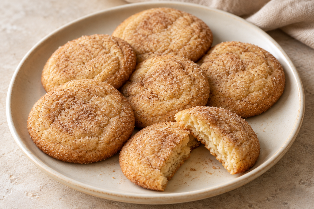 Homemade cinnamon sugar cookies on a ceramic plate, with one broken open to show the tender crumb