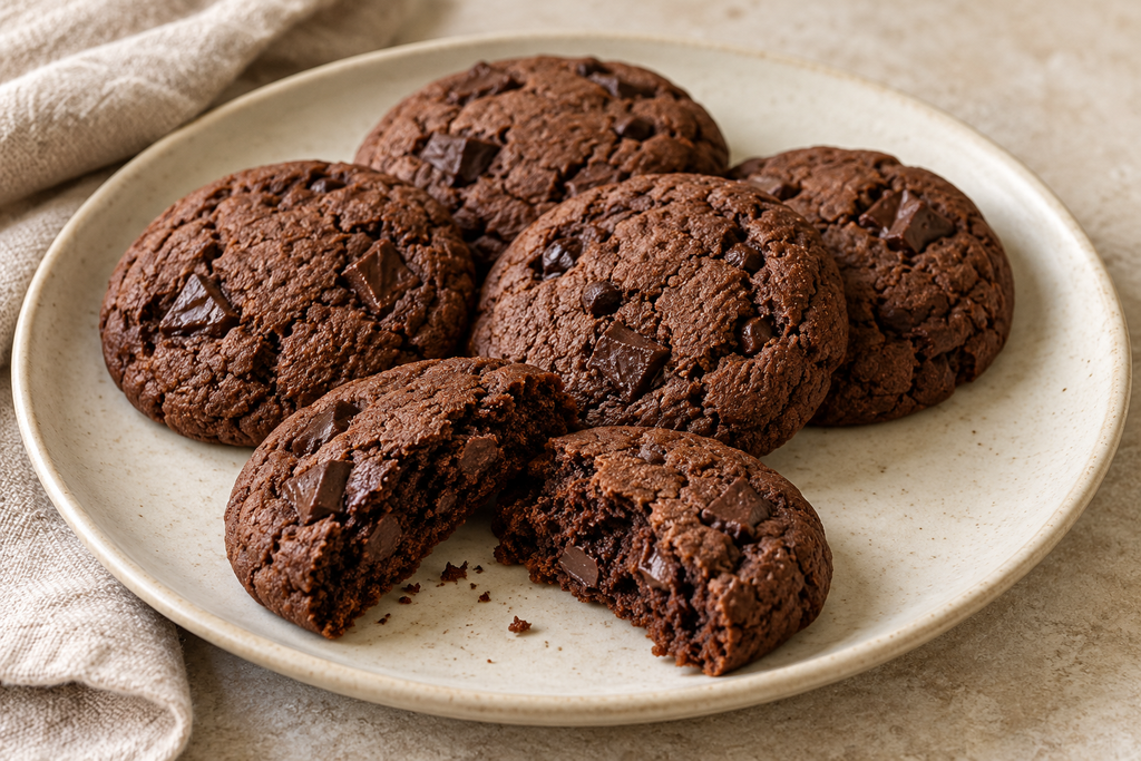 Chocolate cinnamon cookies with dark chocolate chunks on a ceramic plate, with one broken open to show the tender crumb.