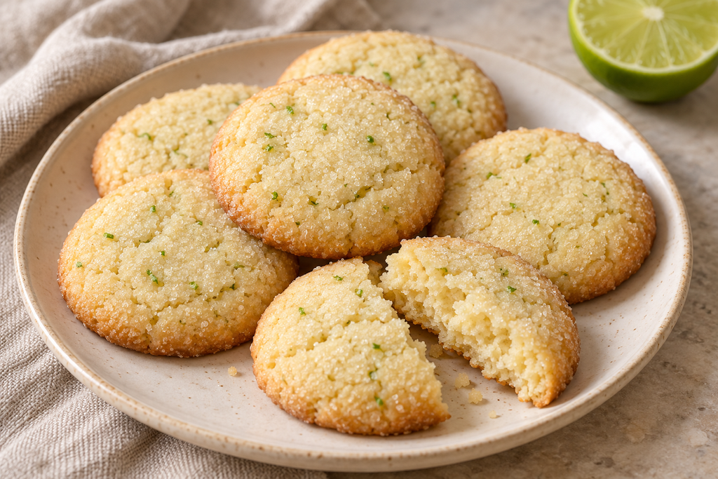 Lime sugar cookies with fine lime zest flecks on a ceramic plate, with one broken open to show the tender crumb.