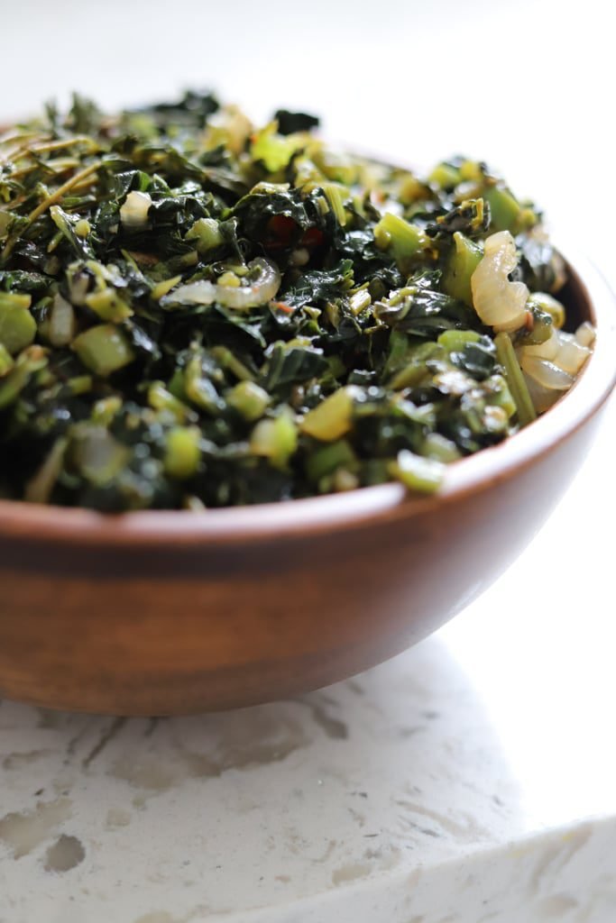 jamaican callaloo in wooden bowl.
