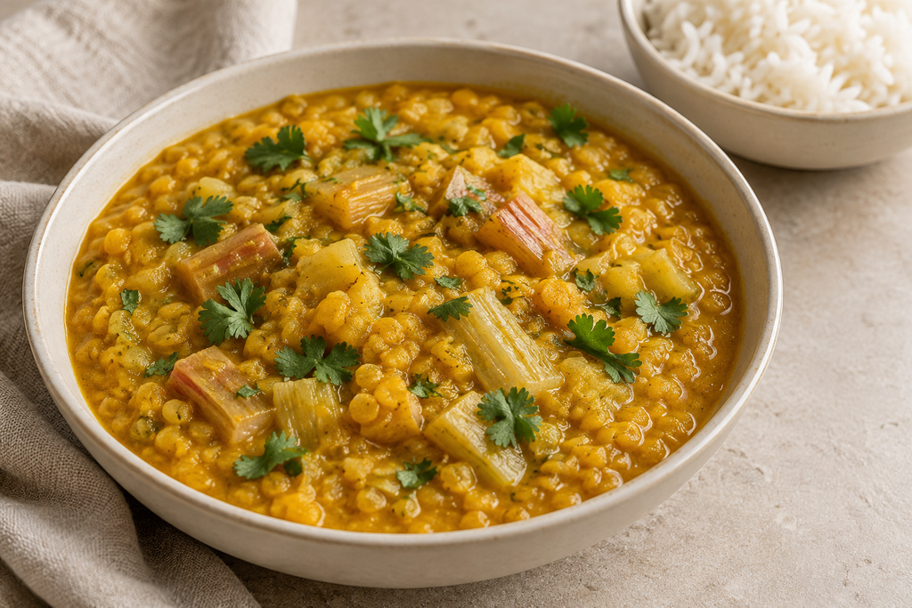 Rhubarb and red lentil curry with coconut milk and cilantro, served with white rice.