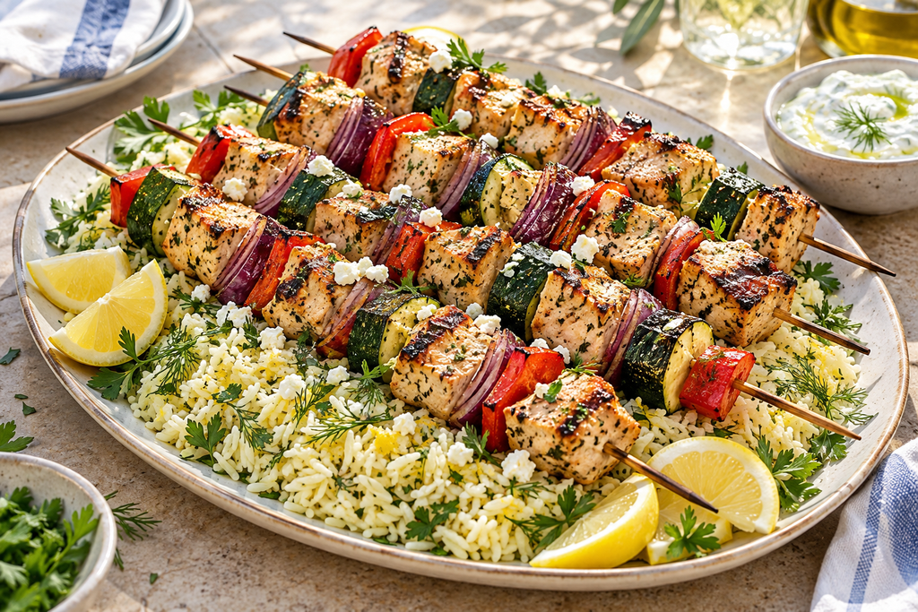 Mediterranean Chicken Skewers With Lemon Rice