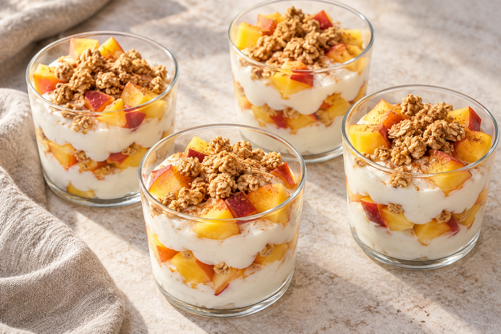 Peach and Greek yogurt snack pots layered in clear glasses with oat granola and cinnamon.