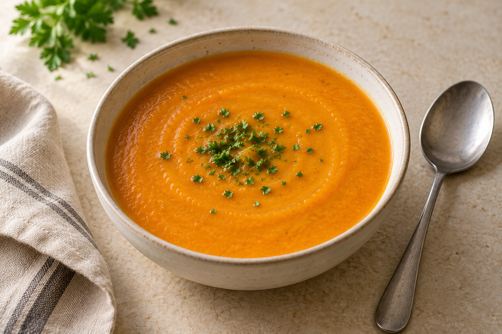 Smooth carrot and potato soup topped with chopped parsley in a cream ceramic bowl.