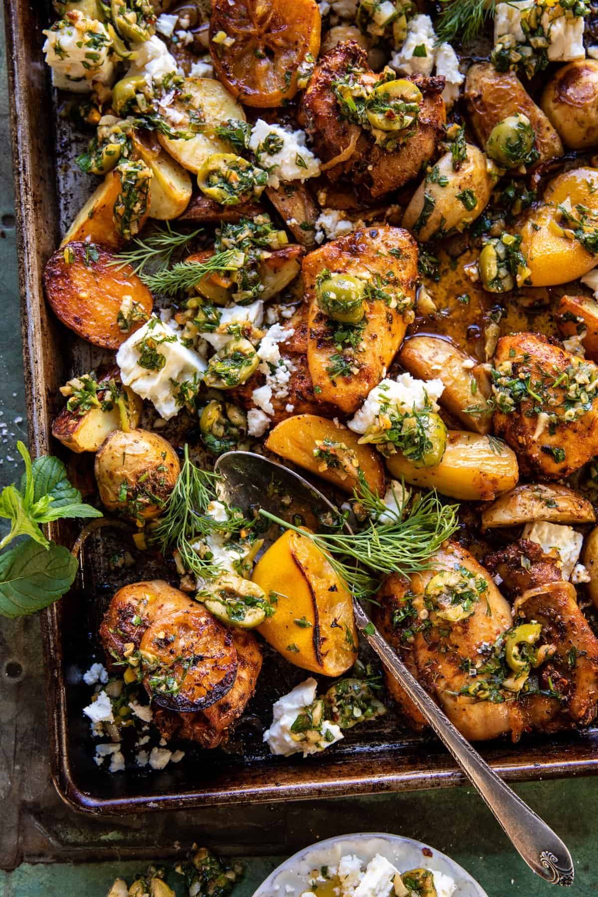 Sheet Pan Greek Garlic Butter Chicken and Potatoes | halfbakedharvest.com