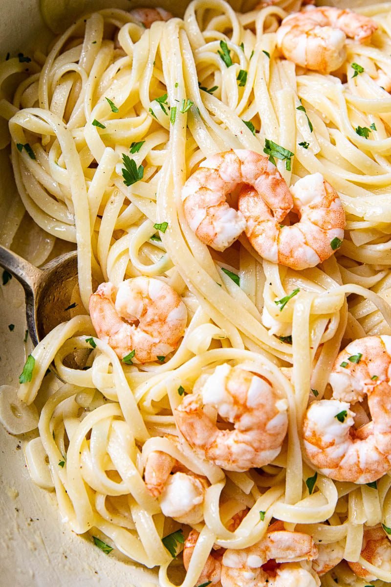 Shrimp Scampi Linguine close up with the shrimp prominently on top