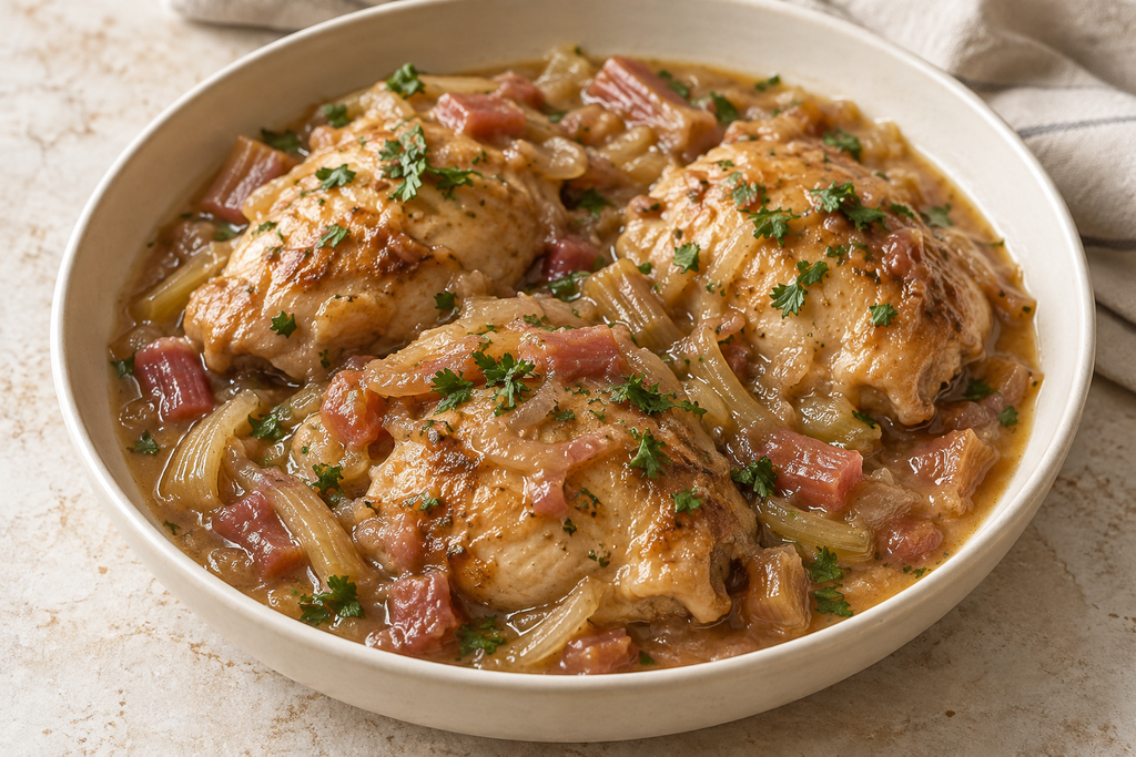 Chicken thighs in a rhubarb, onion and ginger sauce, garnished with parsley.