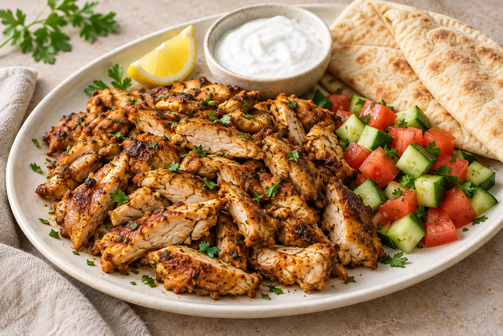 Sliced shawarma-inspired chicken thighs served with pita bread, cucumber, tomato, plain yogurt and lemon.