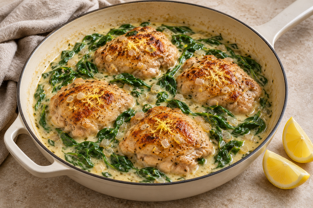 Boneless skinless chicken thighs in a creamy lemon and spinach sauce, served in a skillet.