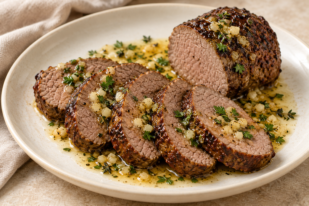 Sliced venison backstrap with garlic herb butter, parsley, and thyme on a ceramic plate.
