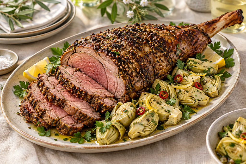 Spice Crusted Roasted Leg of Lamb With Marinated Artichokes