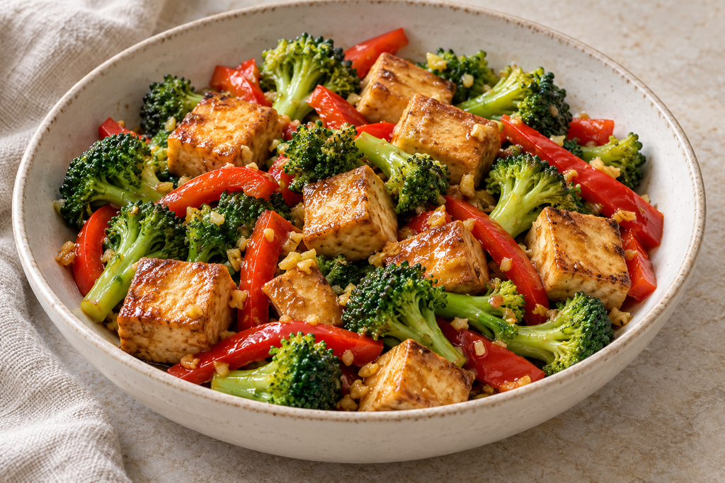Ginger-soy tofu stir-fry with broccoli and red bell pepper in a cream bowl.