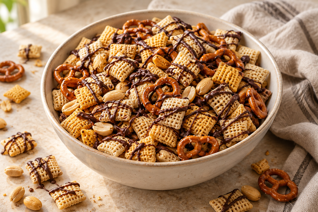 ## 3. Chocolate-Drizzled Sweet and Salty Chex Mix

This version combines lightly buttered cereal, salty pretzels and roasted peanuts with a thin drizzle of chocolate. There is no caramel to cook, and the chocolate stays on the surface in ribbons rather than coating every piece completely.

Bake and cool the base before adding the chocolate. Drizzling it over warm cereal can leave the chocolate soft and make the finished mix messy to handle.

**Makes:** approximately 5½–6 cups  
**Servings:** approximately 11–12 snack portions of ½ cup  
**Preparation time:** approximately 15 minutes  
**Baking time:** approximately 30–40 minutes  
**Cooling time:** approximately 30 minutes  
**Chocolate setting time:** approximately 1–2 hours, depending on room temperature

### Ingredients

- **2 cups Rice Chex cereal**, approximately 55 g
- **2 cups Corn Chex cereal**, approximately 60 g
- **1 cup mini pretzels**, approximately 45–60 g
- **½ cup unsalted roasted peanuts**, approximately 70 g
- **30 g unsalted butter**
- **100 g dark or milk chocolate**, suitable for melting, finely chopped

Cup measurements use a **240 ml measuring cup**. The gram amounts for cereal and pretzels are approximate because products vary.

Choose plain cereal rather than a sweetened or flavoured variety. No additional salt is needed initially; the pretzels provide the salty contrast.

### Instructions

**1. Prepare the oven and tray.**  
Preheat the oven to **120°C conventional / 100°C fan / 250°F**.

Line a rimmed baking tray, approximately **33 × 45 cm**, with oven-safe baking parchment. Use two trays if necessary to avoid a deep layer.

**2. Coat the base ingredients.**  
Combine the cereals, pretzels and peanuts in a large bowl.

Melt the butter gently, then drizzle it over the mixture in two additions, folding carefully after each. Aim for a light coating without crushing the cereal.

**3. Bake until dry and crisp.**  
Spread the mixture into a shallow layer on the prepared tray.

Bake for approximately **30–40 minutes**, gently stirring every **10–15 minutes**. Start checking at 30 minutes: cool a few pieces before tasting them for crunch.

The mix should be dry and crisp, without becoming deeply browned.

**4. Cool completely.**  
Remove the tray from the oven and leave the mixture spread out for approximately **30 minutes**, or until completely cool.

Do not add chocolate while the cereal or tray is still warm.

**5. Melt the chocolate gently.**  
Place the chopped chocolate in a clean, completely dry microwave-safe bowl.

Heat at medium power in **20-second intervals**, stirring thoroughly between each interval. Stop heating when only a few small pieces remain, then stir until smooth.

Follow any melting instructions on the chocolate’s packaging. Keep water away from the bowl, and do not add milk or water to thin the chocolate.

**6. Drizzle over the mix.**  
Spread the cooled snack mix across the parchment again.

Use a spoon to drizzle half the melted chocolate in thin lines over the surface. Let it begin to set, then gently turn some of the pieces and drizzle over the remaining chocolate.

Some pieces will have more chocolate than others, and a few small clusters may form. That is part of the finished texture.

**7. Let the chocolate set.**  
Leave in a cool, dry place until the chocolate is firm enough to handle, approximately **1–2 hours**. The time varies with the chocolate and room temperature.

If the room is warm, refrigerate the tray briefly, checking after **10–15 minutes**. Avoid leaving it uncovered in the fridge for an extended period.

Gently separate any large clusters before serving.

### Tips for a Neater Finish

**Use thin ribbons.** Large spoonfuls of chocolate create heavy clumps and take longer to set.

**Choose chocolate you enjoy eating.** Dark chocolate gives a less sweet contrast, while milk chocolate produces a sweeter mix.

**Expect a homemade finish.** Simply melted chocolate is not tempered, so it may soften in warm hands or develop pale streaks. For a more consistent setting result, use a confectionery coating according to its packet instructions.

**Prefer no peanuts?** Replace them with another half cup of cereal or pretzels. For allergy-related substitutions, check every ingredient and relevant cross-contact information.

### Serving and Storage

Serve once the chocolate has set. For gifting, pack into clean, food-safe containers and include the ingredients and preparation date.

Store in an airtight container in a cool, dry place, away from sunlight and heat. Separate layers with baking parchment if needed.

For this untested recipe, aim to enjoy the mix within **5–7 days for best texture**. This is a quality estimate, not a validated shelf-life guarantee. Warm conditions may soften the chocolate, and moisture can reduce the cereal’s crunch.

*Recipe development note: This recipe was developed with AI assistance and has not been independently kitchen-tested for this article. Baking time, yield and storage quality are estimates. This is an independent homemade variation, not an official Chex recipe.*